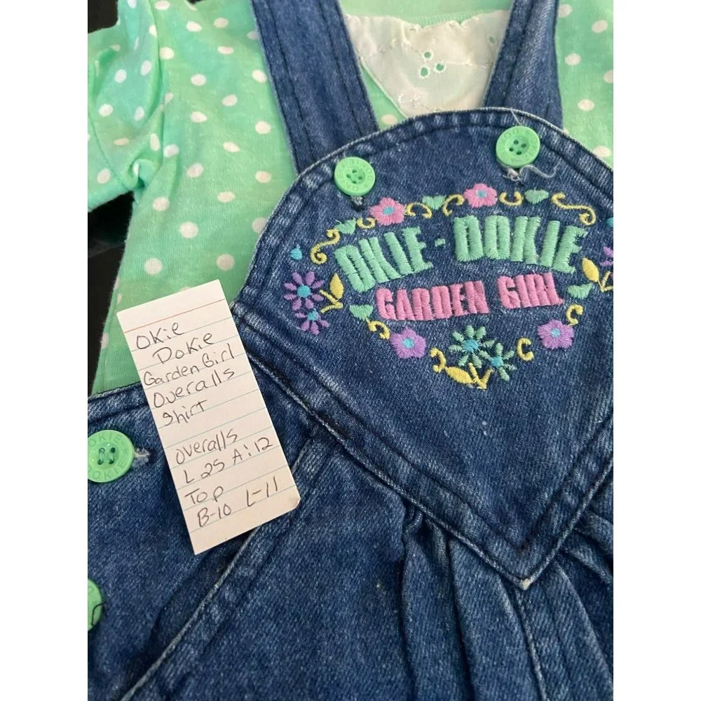 Okie‎ Dokie Garden Girl Blue Jeans Overalls With Green Polka Dotted Shirt Outfit